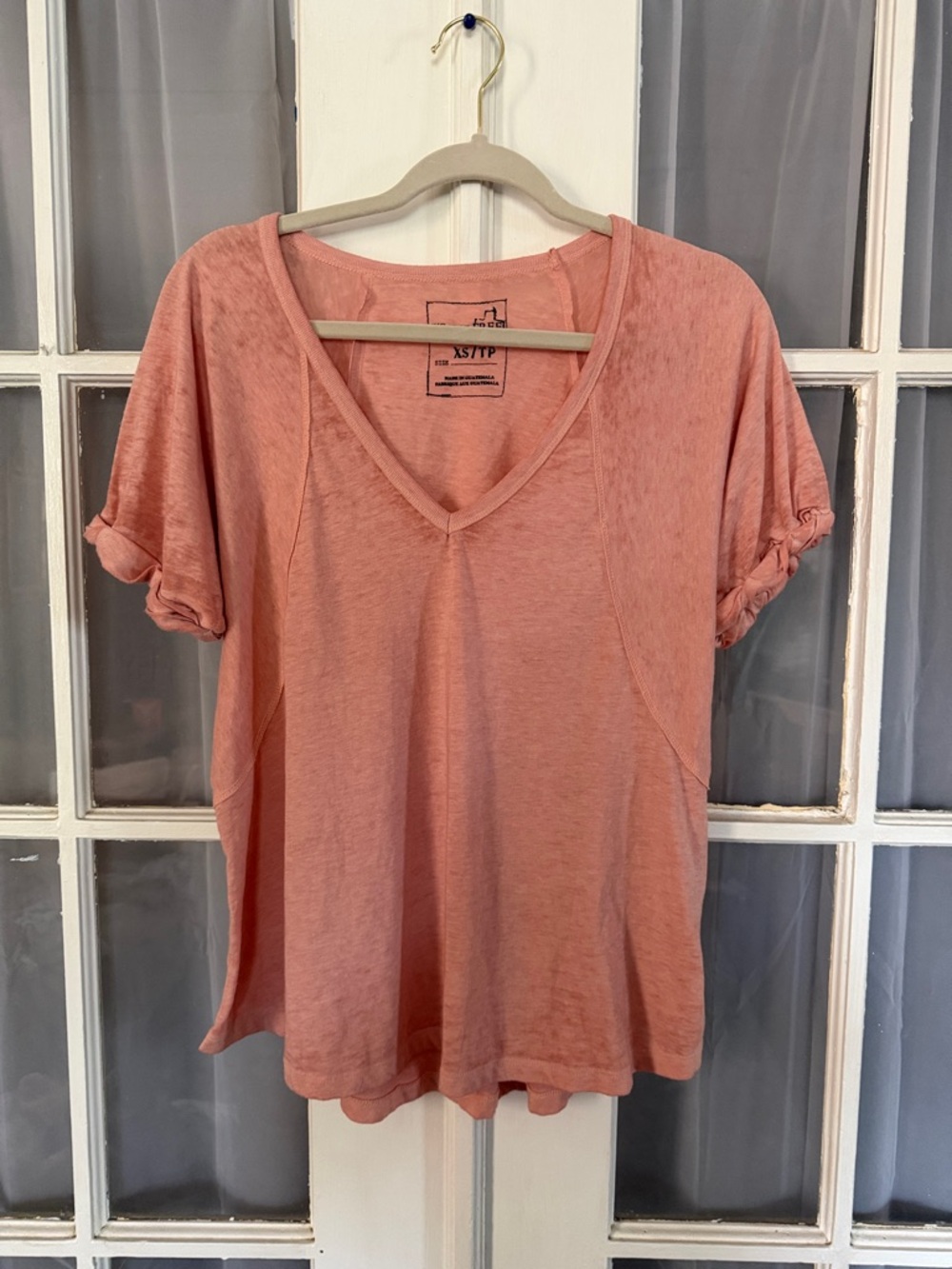 We the Free Coral Colored Burnout Style V Neck Rolled Short Sleeve Shirt Top